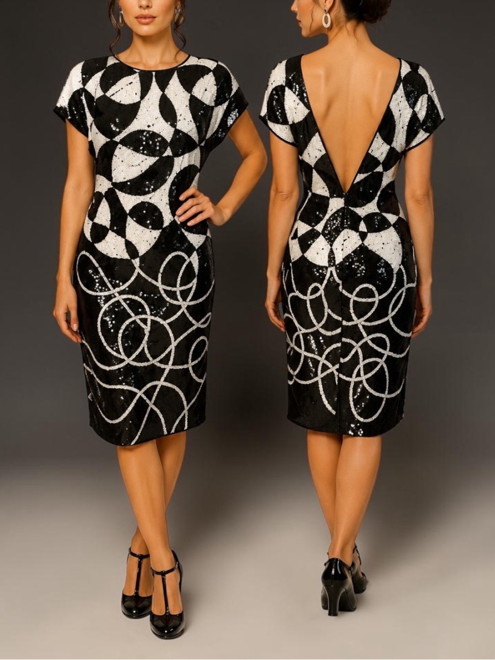TADASHI VINTAGE 80s Sequin Mod Midi Dress